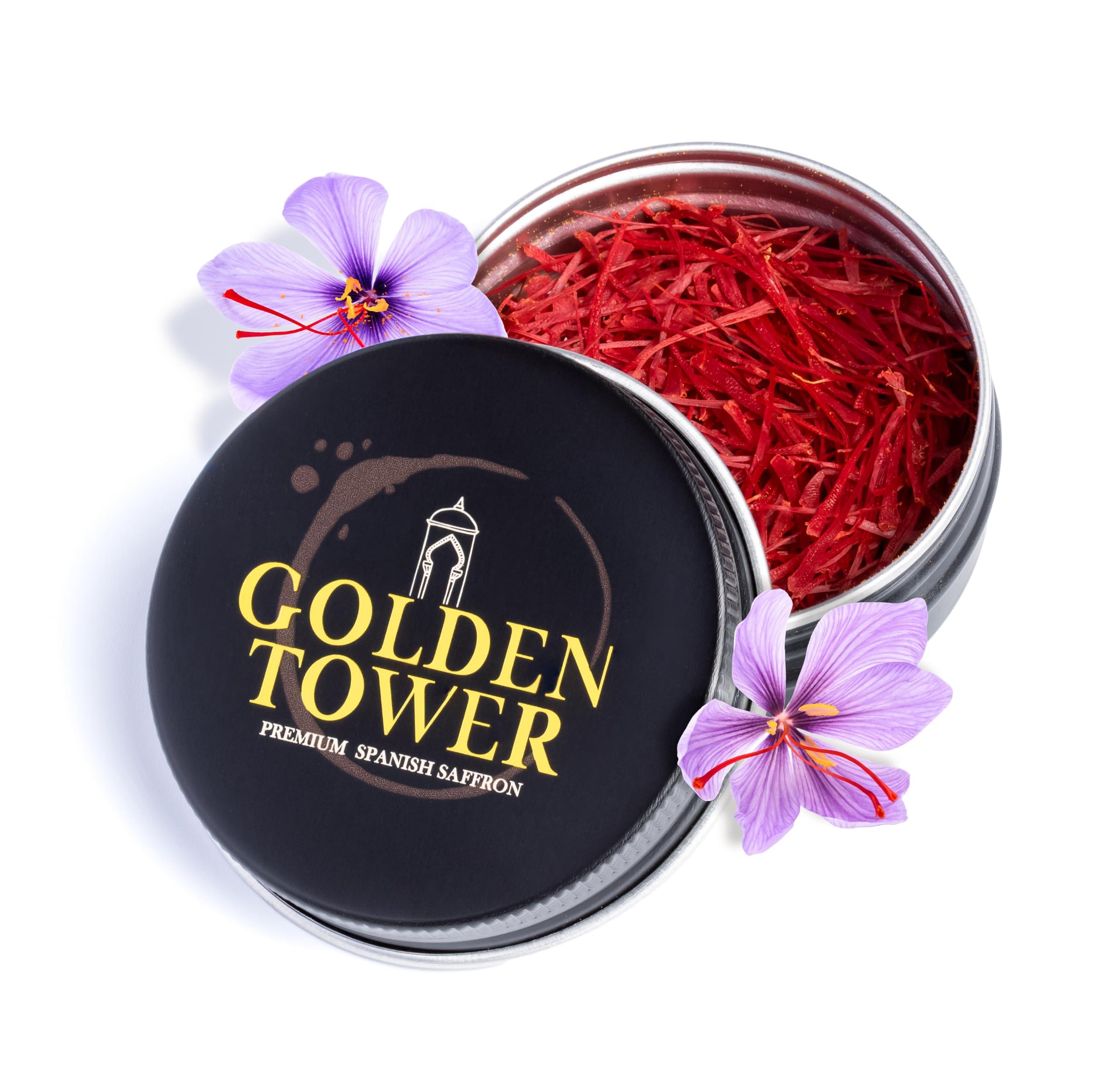 GOLDEN TOWER Saffron Threads by Golden Tower - Pure and Geniune all Red Saffron strands - Premium Grade Saffron Ideal for Paella, Chicken, Curry, Tea and many more dishes (0.1 Ounces - 3 Grams)