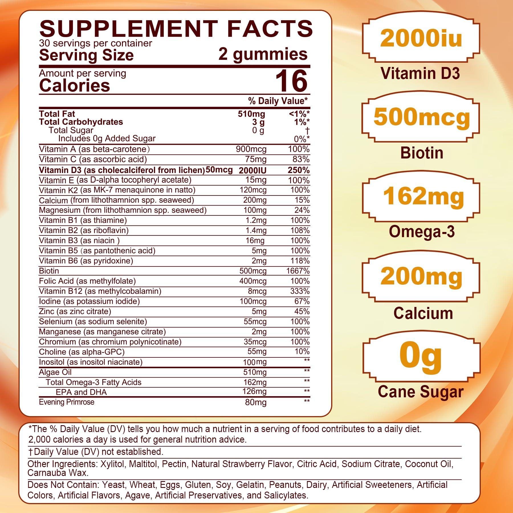 LILICARE Womens Multivitamin Gummies, Sugar-Free Methylated Multivitamins w/D3 + K2, Vegan Omega 3, Algae Calcium, Daily Vitamin A C E B6 B12 Folate, Inositol, Minerals for Energy, Mood, Bone, Hormore, 60 Cts