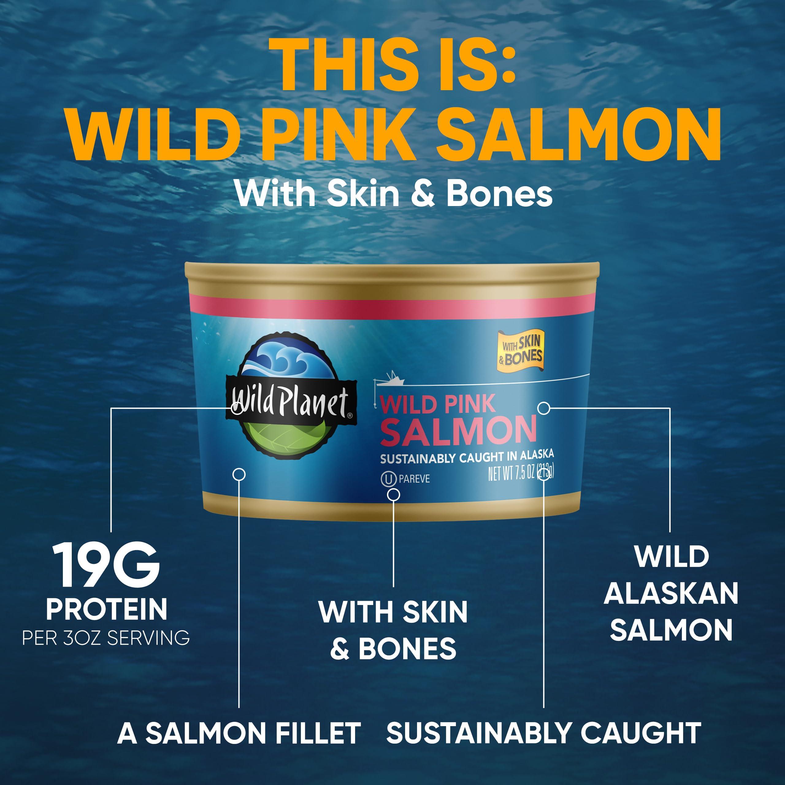 Wild Planet Wild Planet Wild Pink Salmon With Skin and Bones, Tinned Fish, Canned Salmon, Sustainably Caught, Non-GMO, Kosher, Gluten Free, Keto and Paleo, 7.5 Ounce (Pack Of 12)
