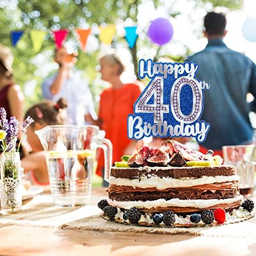 HEYUWING Happy 40th Birthday Cake Topper Crystal Rhinestones Theme Decor Supplies Woman Man Happy Birthday Party Decorations Blue Glitter