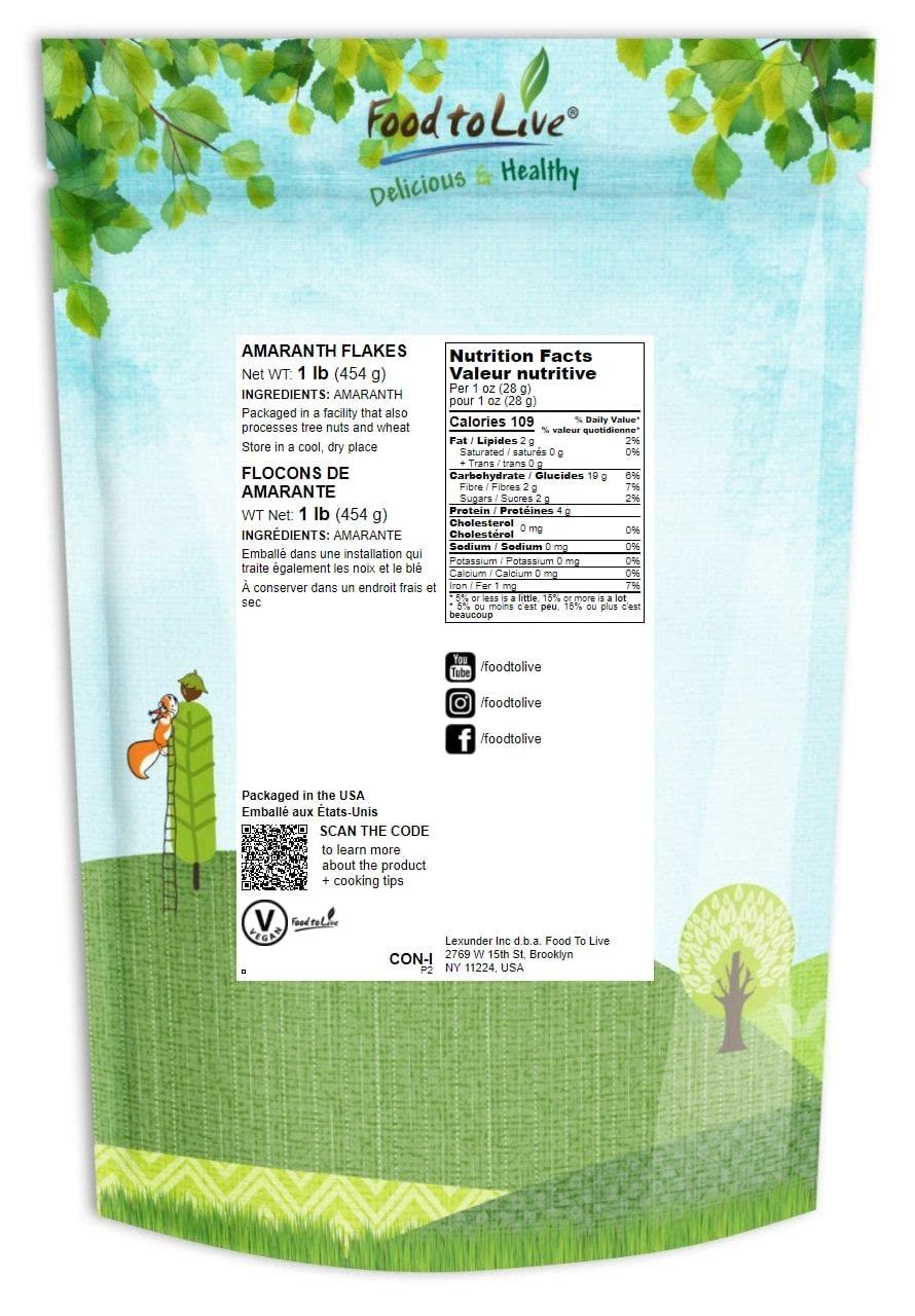 Food to Live Food to Live Amaranth Flakes, 1 Pound Flaked Whole Amaranth Seeds, Vegan. Natural Thickener. Good Source of Protein. Great Alternative to Oatmeal. Perfect Base for Granola, Breakfast Cereal