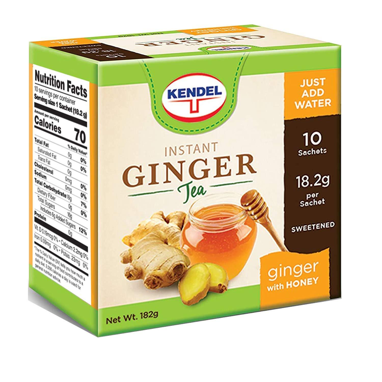 Kendel Kendel Instant Ginger Honey Tea, Caffeine Free (10 Sachets). Soothing flavor, Non-GMO
