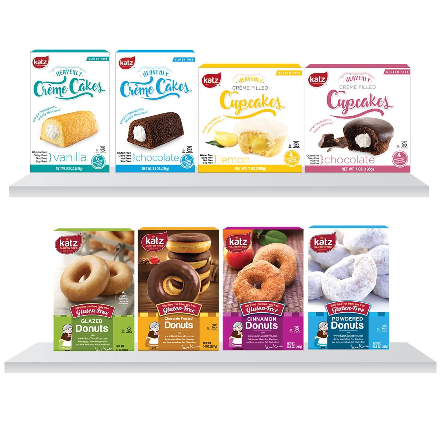 Katz Gluten Free Katz Gluten Free 8 Pack, 2 Crème Cakes, Vanilla and Chocolate, 2 Crème Cupcakes, Lemon and Chocolate, 4 Flavors Donuts | Dairy Free, Nut Free, Soy Free, Gluten Free | 1 Pack of each