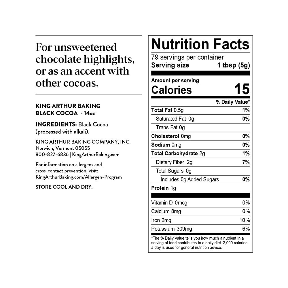 King Arthur King Arthur Black Cocoa: Dutch Processed Cocoa Powder for Baking - Intense Dark Chocolate Flavor, Unsweetened, Perfect for Cakes, Cookies & Frosting - 14 oz Resealable Bag