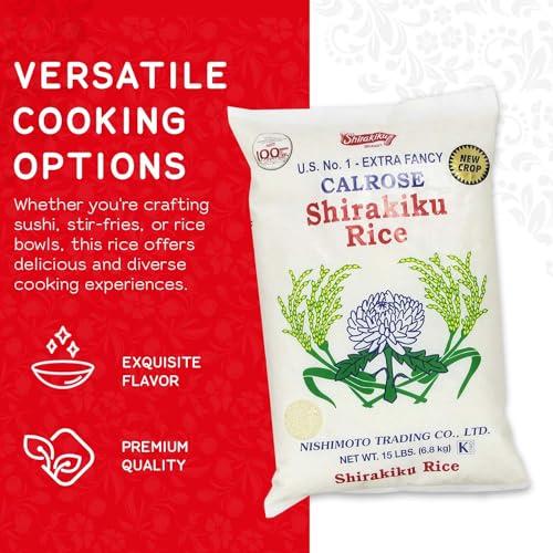SHIRAKIKU BRAND SHIRAKIKU Calrose Rice Medium Grain White Rice - Japanese Premium quality uncooked Milled Rice | Low Calories Perfect for Authentic Asian Cuisine 15 Pound, (Pack of 1)