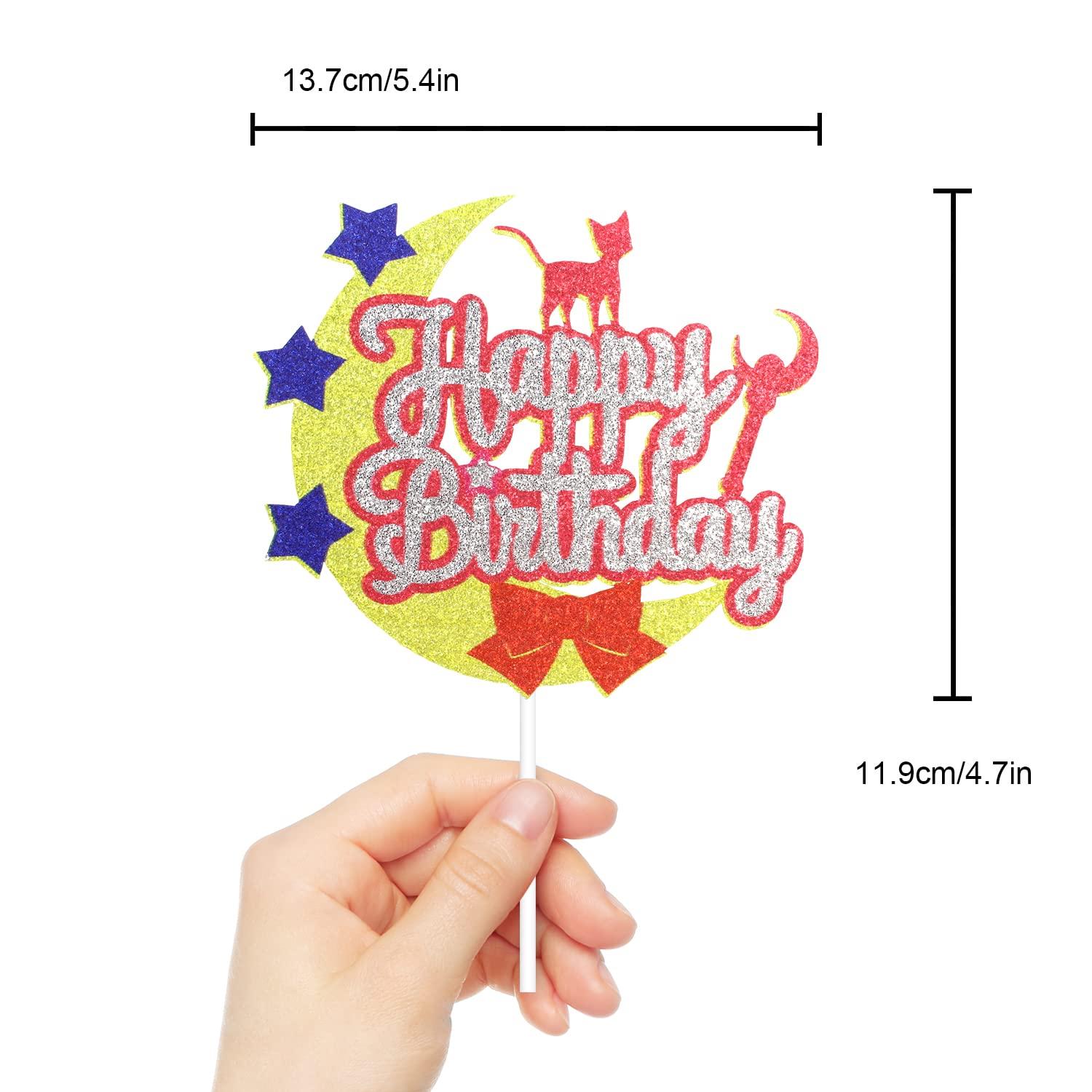Caiwowo Moon Cat Happy Birthday Cake Topper - Moon Girls Sailor Birthday Party Glitter Cute Cat Cake Supplies - Pink Girl Happy Birthday Party Decoration