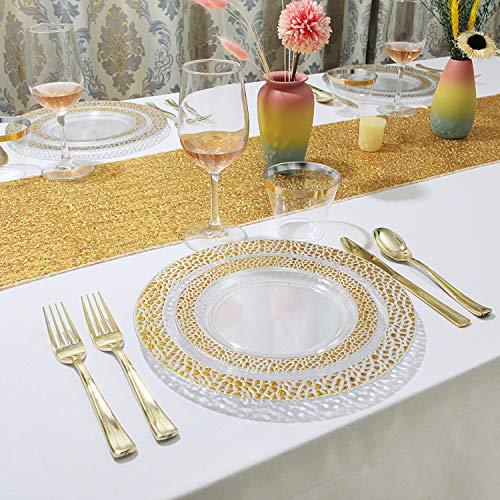 supernal Supernal 180pcs Gold Plastic Dinnerware,Clear Plasitc Plates with Gold Dimond Design,Gold Plastic Silverware,Gold Plates,Clear Cup with Gold Rim,Good Choice for Wedding and Party