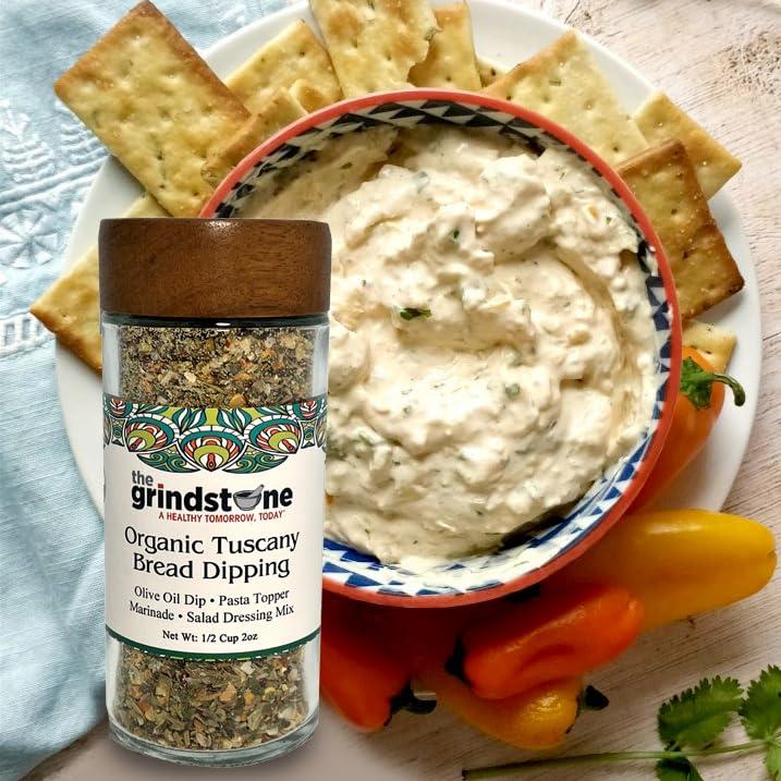 THE GRINDST NE A HEALTHY TOMORROW, TODAY Organic Tuscany Bread Dipping Mix, Authentic Tuscan Seasoning for Gourmet Bread Dipping, Pasta, 2.0 oz each Reusable Glass Jar with Bamboo lid, Pack of 2