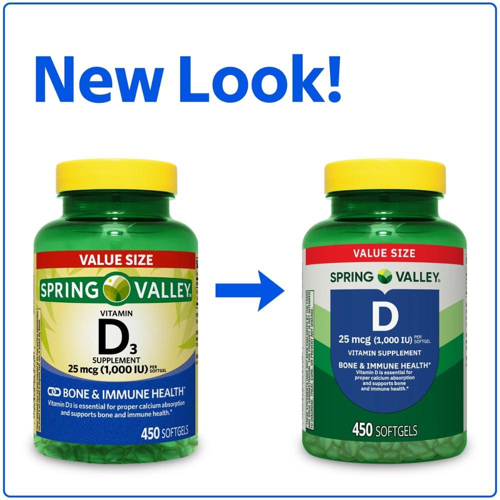 Ravazzi Spring Valley Vitamin D3 Supplement Softgels, 25 Mcg (1,000 IU), 450 Count and Card Gift of Ravazzi