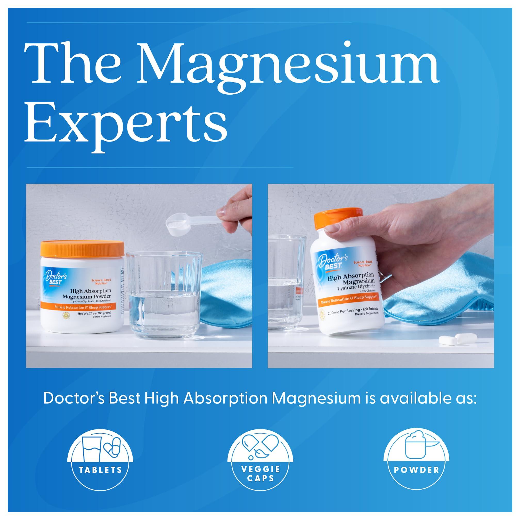 Doctor's BEST Doctors Best High Absorption Magnesium Glycinate Lysinate Supplement - 100% Chelated for Maximum Absorption - Magnesium for Sleep and Muscle Relaxation - 200 Mg Per Serving - 120 Tablets