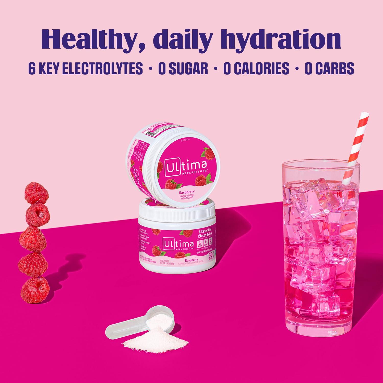 Ultima Replenisher Ultima Replenisher Electrolyte Powder Drink Mix Bundle  Rasberry, 30 Serving Canister and 20 Stickpacks  6 Electrolytes and Minerals  Keto Friendly, Vegan, Non-GMO and Sugar-Free