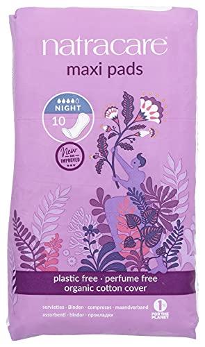 NATRACARE Natracare Natural Traditional Style Night Time Maxi Pads, Individually Wrapped, Without Wings in Plant-Based Bag (1 Pack, 10 Pads Total)
