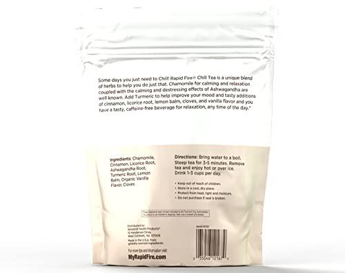 Rapid Fire Chill Tea, Soothing Blend, Promotes Relaxation, with Ashwagandha, Chamomile, Turmeric, Stress Relief Tea, Caffeine Free, 14 Tea Bags, 14 Servings