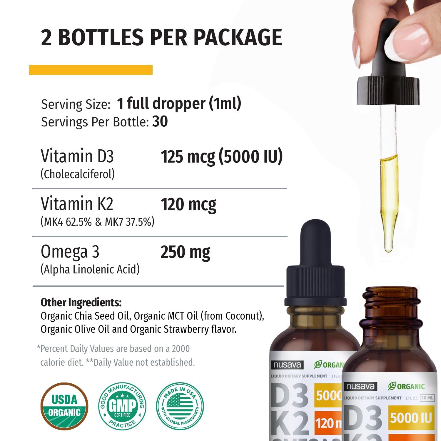 NUSAVA (2 Pack) Organic Vitamin D3 K2 Drops 5000 IU with MCT Oil Omega 3 - Maximum Strength Liquid D3 with No Fillers, Non-GMO for Faster Absorption, Immune Support (Strawberry, 2 Fl Oz)