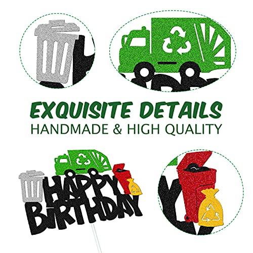 YOYMARR Garbage Truck Cake Topper Happy Birthday Sign Cake Decorations for Trash Green Recycling Truck Themed Bday Party Supplies
