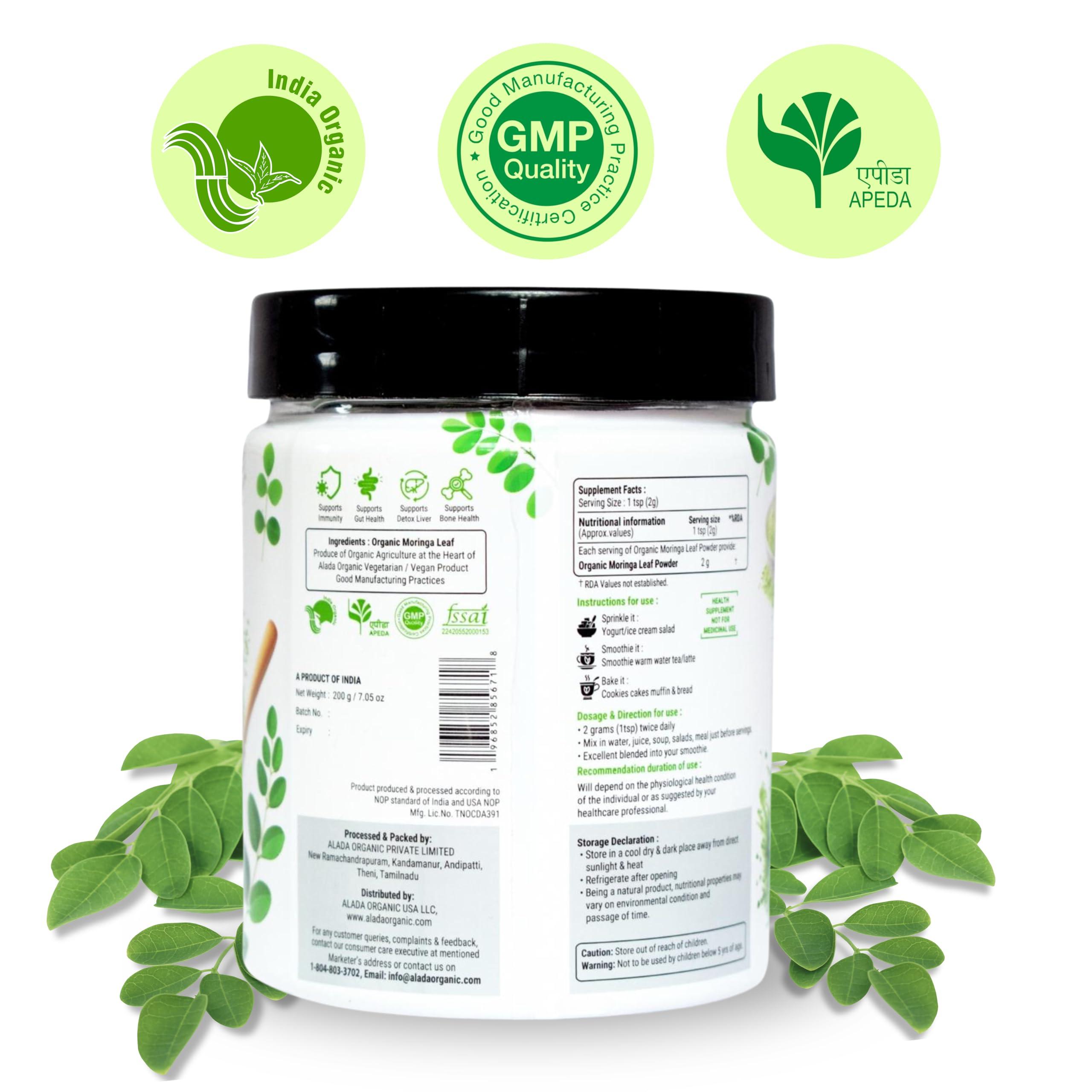 ALADA ORGANIC ALADA ORGANIC Moringa - Moringa Powder Single Garden Premium 100% Leaf Powder India Organic Certified, Moringa Oleifera - Smoothies, Drinks, Tea & Recipes -7.05 OZ