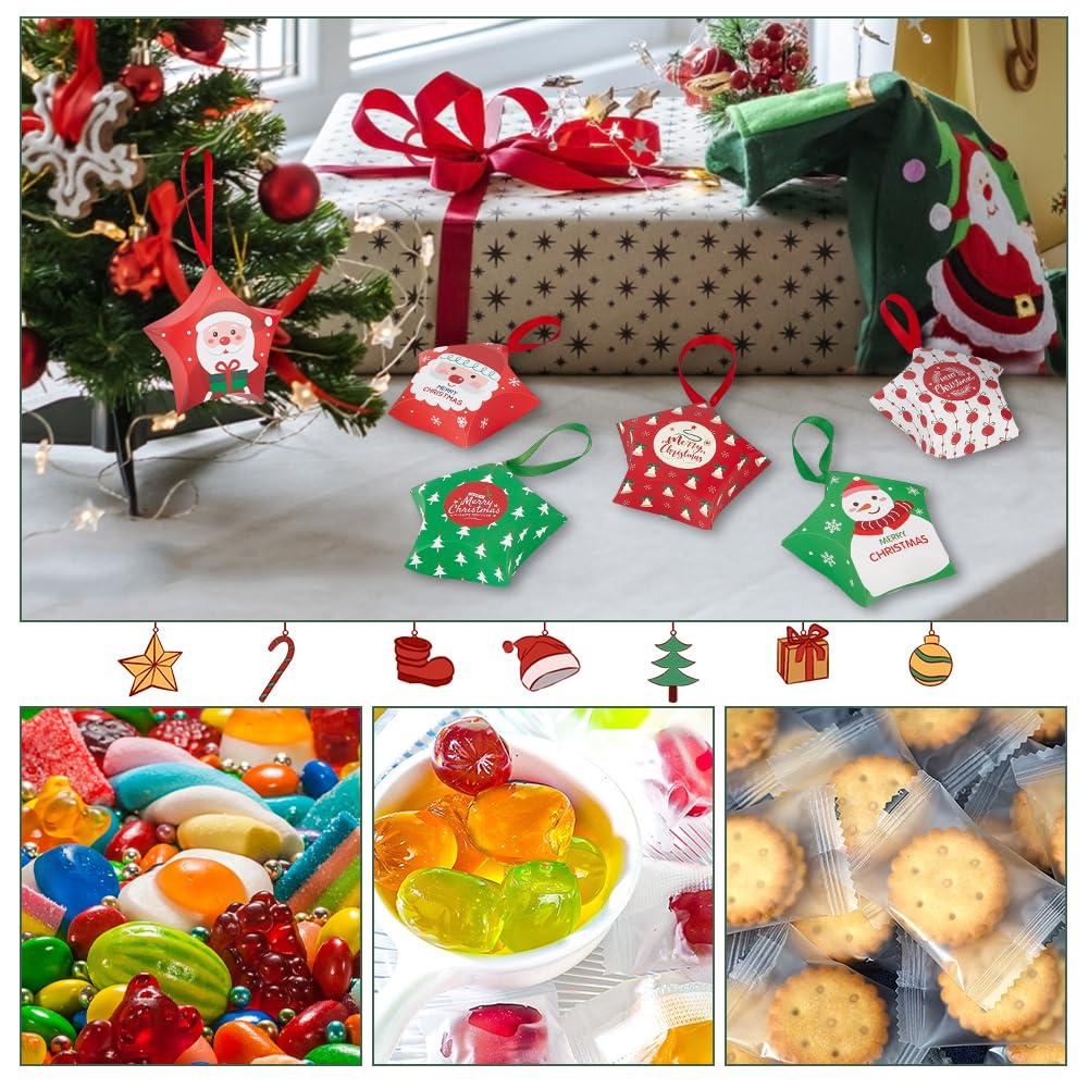 BENECREAT BENECREAT 32Pcs 8 Styles Christmas Star Boxes Santa Claus Candy Boxes Merry Christmas Snowflakes Bells Elk Gift Box with Ribbon for Christmas Party Gifts, 4.7x4.7x1.5inch