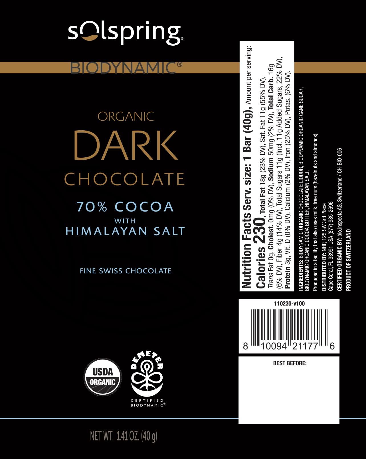 Dr. Mercola Solspring Biodynamic Organic Dark Chocolate Bars with Himalayan Salt (12-1.41 oz Bars), 70% Cocoa, Fine Swiss Chocolate, Certified USDA Organic, Demeter Certified, Gluten Free, Soy Free, Dr. Mercola