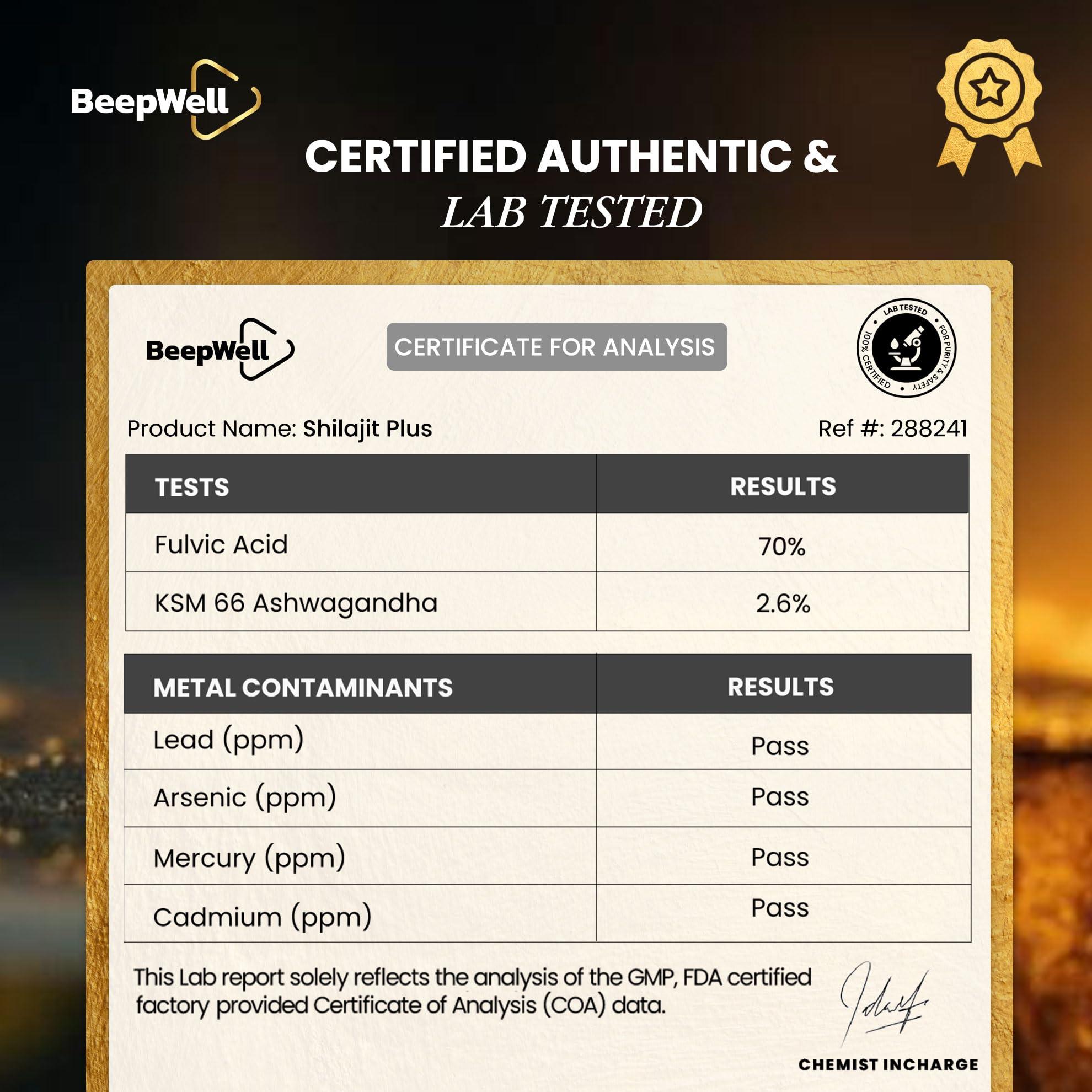 BeepWell BeepWell Shilajit Resin Himalayan Pure Natural Ashwagandha Maca Root Black Pepper Authentic Chilajil Men Women Gold Ayurvedic, 72% Fulvic Acid 85+ Trace Minerals, 50 Servings, 40 Grams