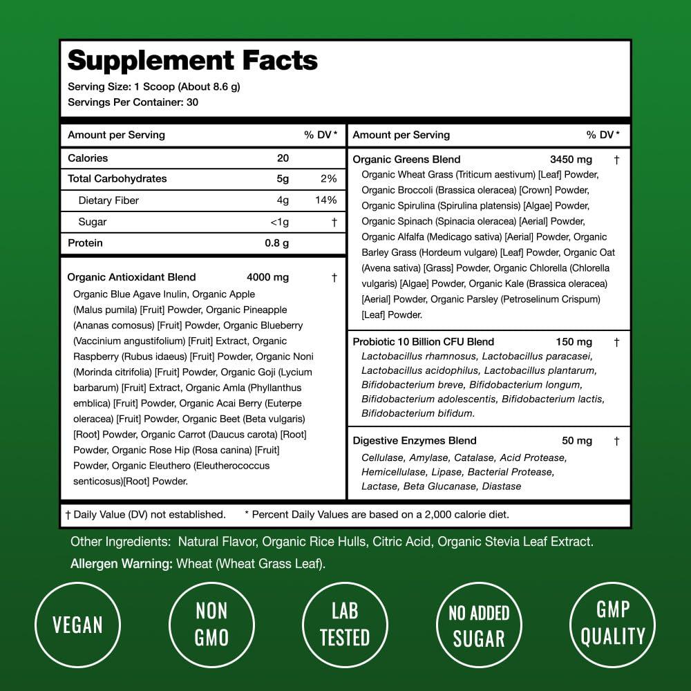 NutraChamps NutraChamps Super Greens Powder Premium Superfood | 20+ Organic Green Veggie Whole Foods | Wheat Grass, Spirulina, Chlorella | Antioxidant, Digestive Enzyme & Probiotic Blends (9.0 Oz, Berry)