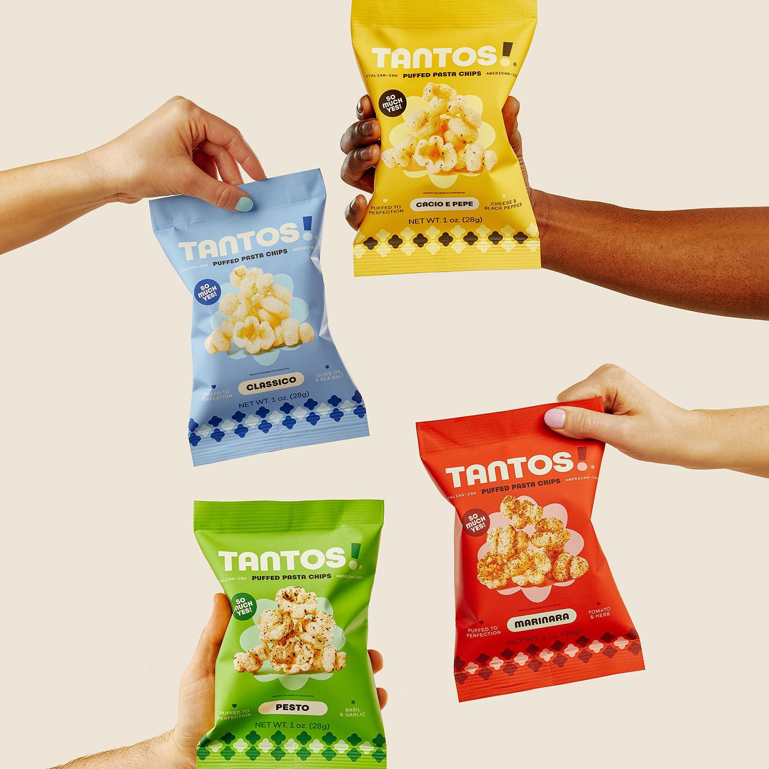 Tantos Tantos! Puffed Pasta Chips Variety Pack - Gourmet Italian Snacks - 4 oz Bags (12 Pack) - Pizzeria Style Chips with Marinara, Pesto, Cacio e Pepe, Classico - Chef Created Office & Kids Lunch Snacks