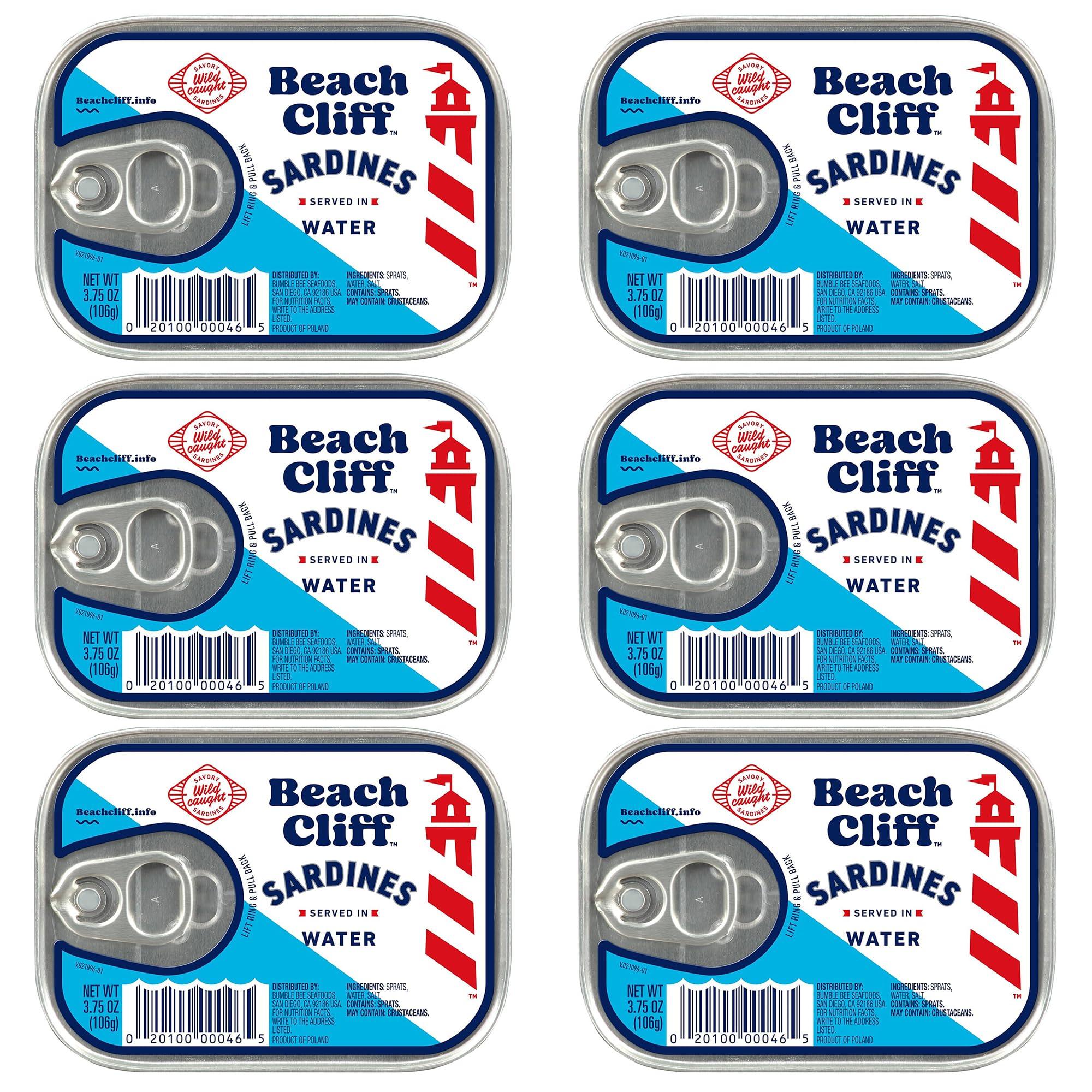 Beach Cliff Beach Cliff Sardines in Water, 3.75 oz Can - Wild Caught Sardines - 12g Protein per Serving - Gluten Free, Keto Friendly (Pack of 6)