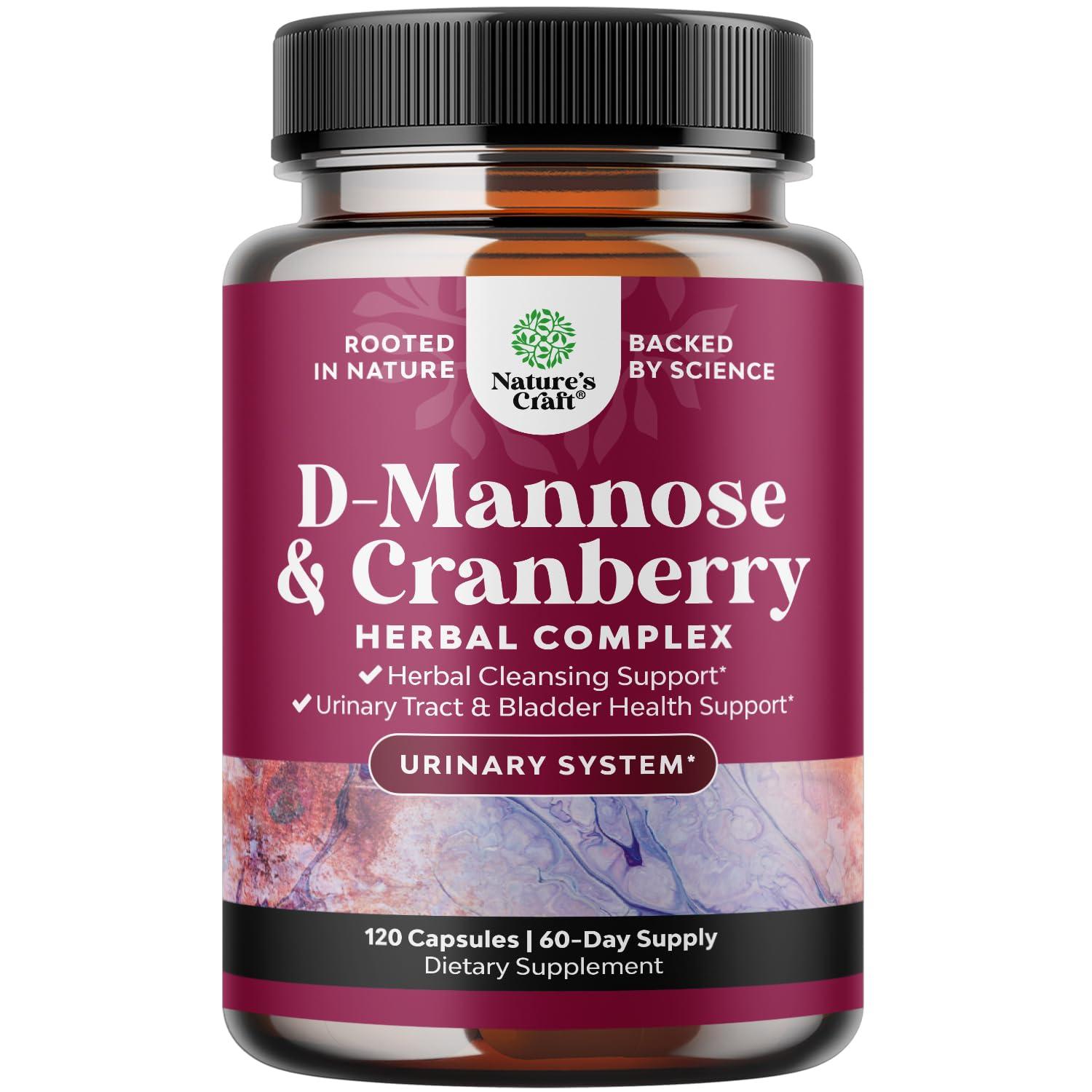 Natures Craft D Mannose with Cranberry Supplement - D Mannose 1000mg Capsules for Kidney Infection Support & Cleanse and Urinary Tract Health for Women & Men - Bladder Health Supplement for Adults - 120 Count