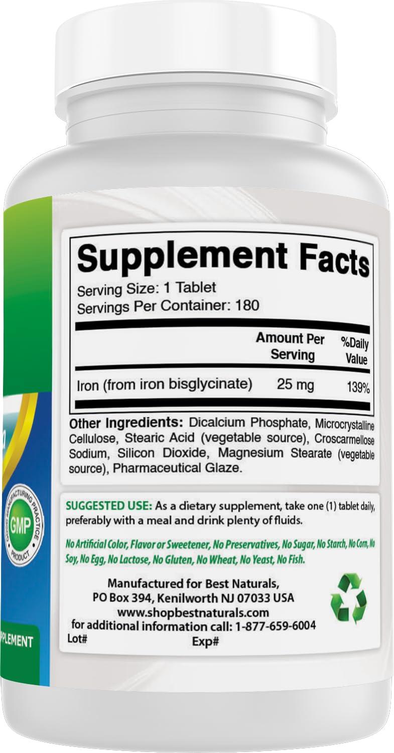 Best Naturals Best Naturals Iron Supplement (Iron Bisglycinate) - 25mg - 180 Tablets - Gentle of Stomach - Non-Constipating