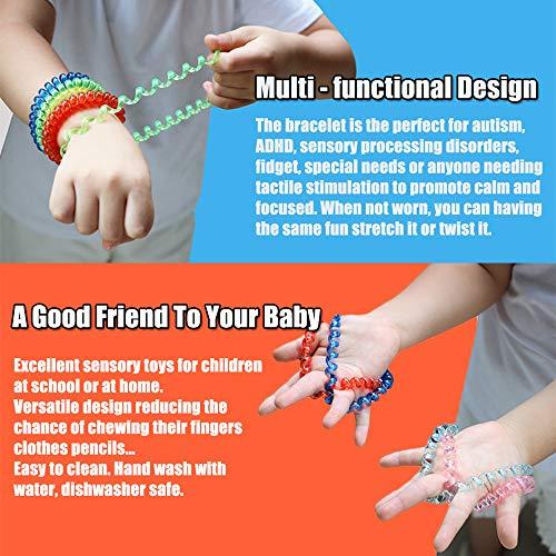 MaberryTech Direct Sensory Stretchy Kids Coil Bracelets, 6 Pack Funny Speech and Communication Aid Bracelet Fidget Toys for Boys Girls with Autism ADHD Anxiety or Special Needs - Assorted Colors (Rainbow A)
