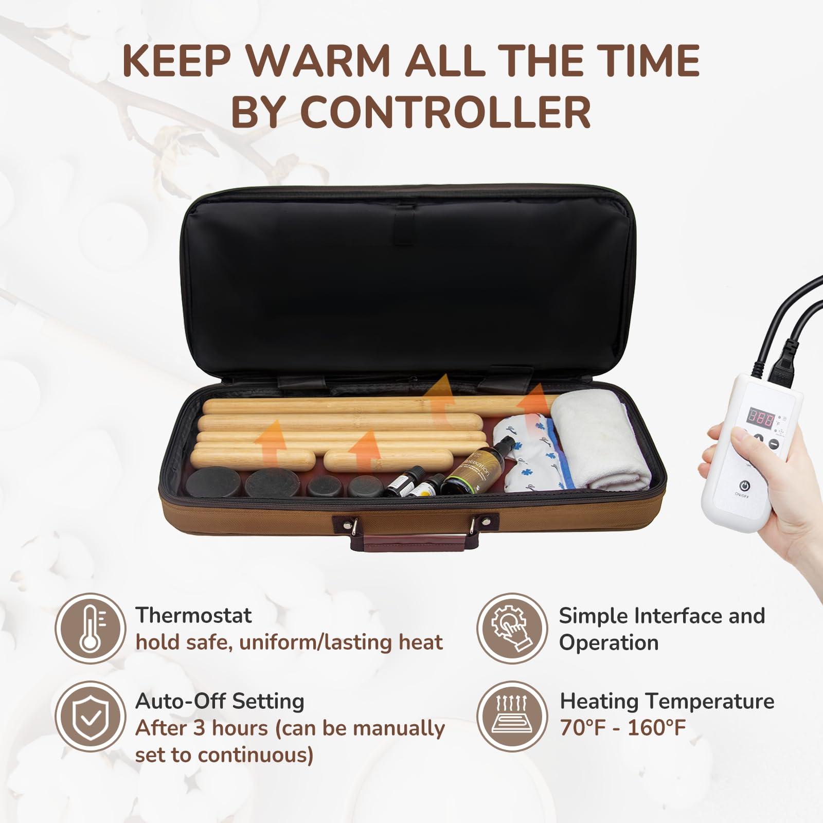 Goodtar Goodtar Hot Bamboo Massage Kit - Portable Massage Stone Warmer Bamboo Massage and Rocks w/Digital Temp Controller, Car Adapter (Duble-Sided Heating Black)