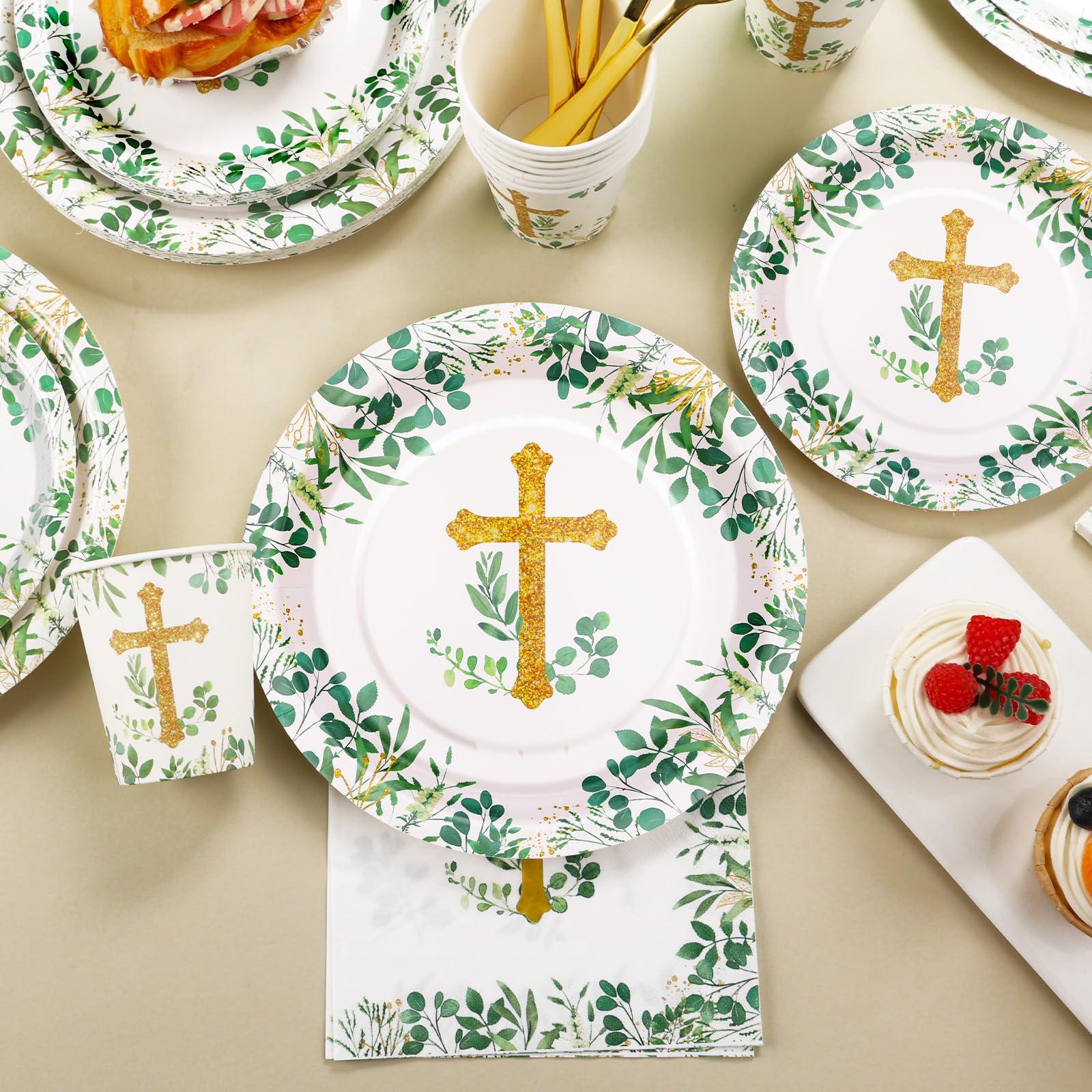 joy akkess 175 PCS Baptism Plates and Napkins Party Supplies - Baptism Decorations for Boys - God Bless Disposable Paper Plates First Communion Plates for Christening Baby Shower Party Decorations