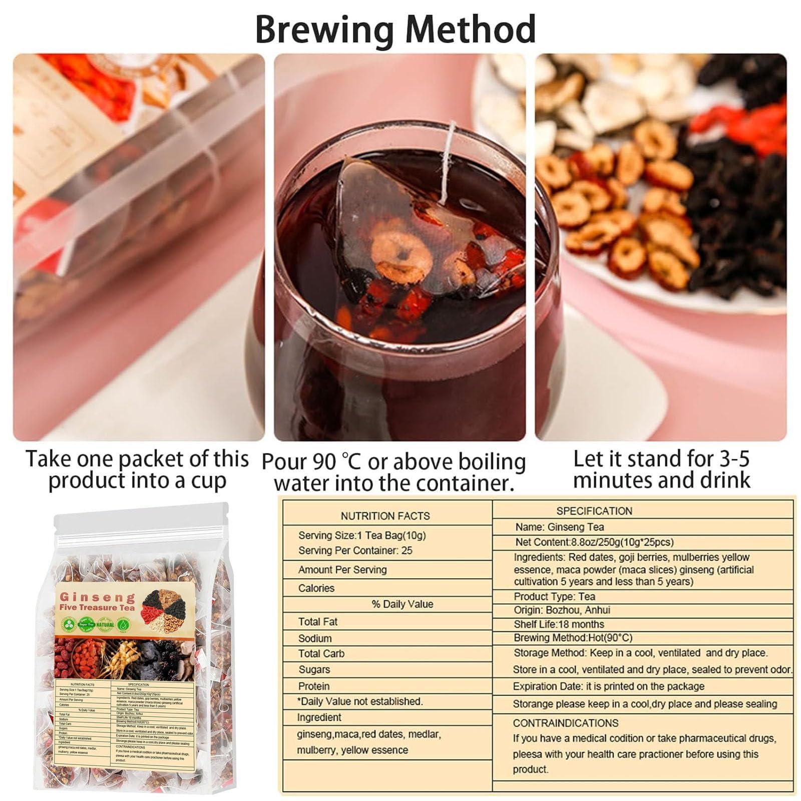 guluxly Ginseng Five Treasure Tea - Kidney Tea Wubao Tea, Ginseng Kidney Tea Formula Five Treasure Red Date Natural Chinese Herbal Tea, te de rion Saludable Organica (2Pack(50Bags))