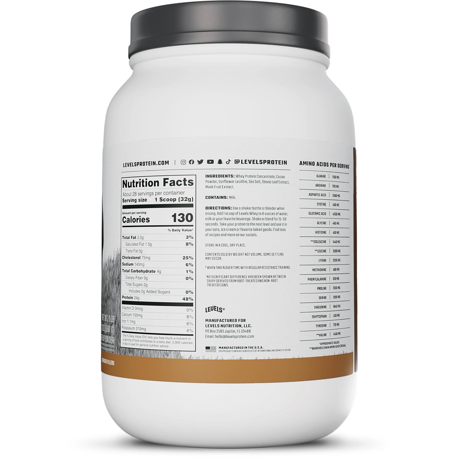 Levels Nutrition Levels Grass Fed Whey Protein, No Artificials, 24G of Protein, Double Chocolate, 2LB