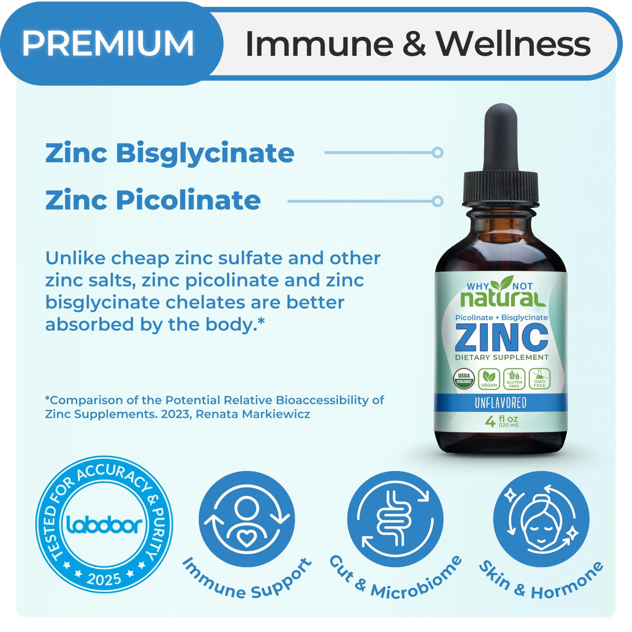 Why Not Natural Organic Liquid Zinc Drops Supplement with Chelated Zinc Picolinate and Bisglycinate, USDA Organic and Vegan