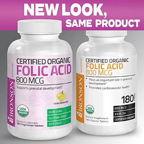 Bronson Bronson Organic Folic Acid (Vitamin B9 Folate) 800 mcg Natural Folate from Lemon Peel, 180 Tablets