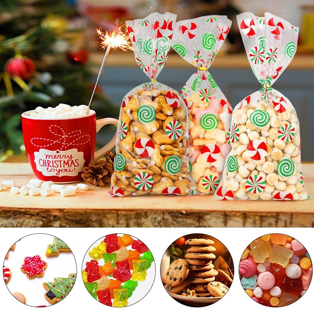 Luktastic Christmas Treat Bags, Christmas Cellophane Bags, 100Pcs Christmas Candy Bags, Cellophane Treat Bags with Twist Ties, Cellophane Gift Bags Cookie Bags Goodie Bags for Xmas Holiday Party Favors Supplies