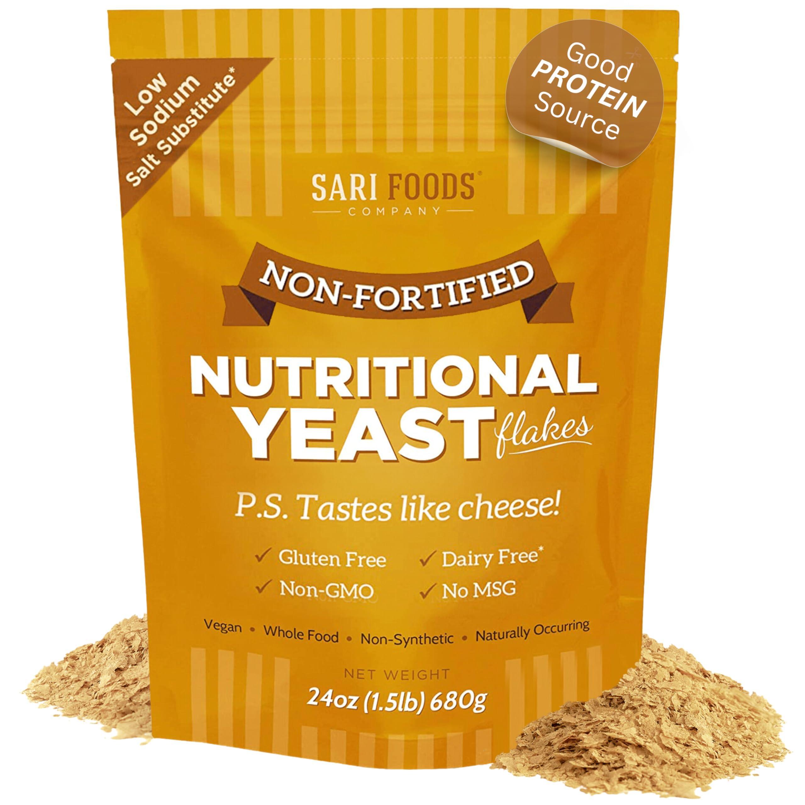 Sari Foods Co Non Fortified Nutritional Yeast Flakes, Whole Foods Based Protein Powder, Vegan, Gluten Free, Vitamins B, Beta-glucans, and All 18 Amino Acids (24 oz.)
