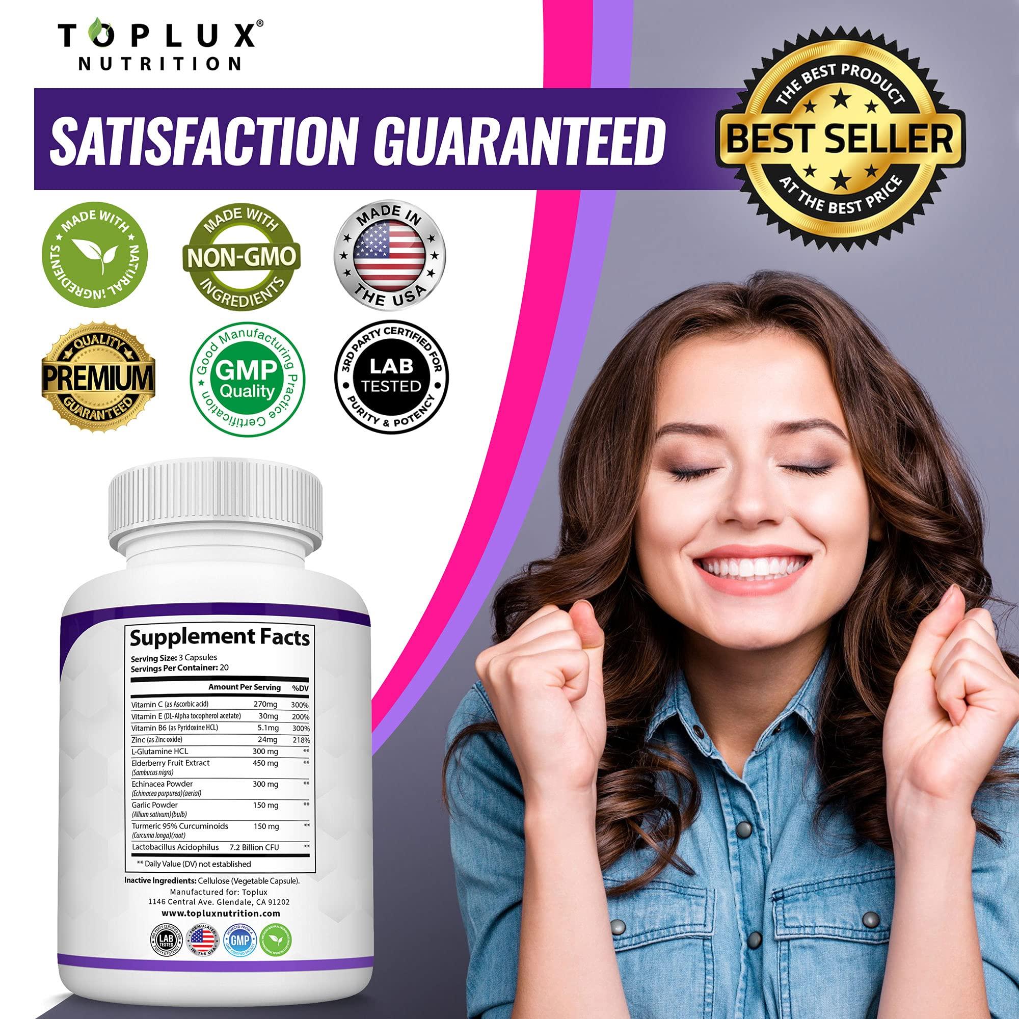 Toplux 10 in 1 Immunity Boost Immune Support Supplement – 1650mg Made with Elderberry, Vitamin C, Zinc, Echinacea & Probiotics for Immune System Booster, Support Healthy Respiratory System, 2x 60 Capsule