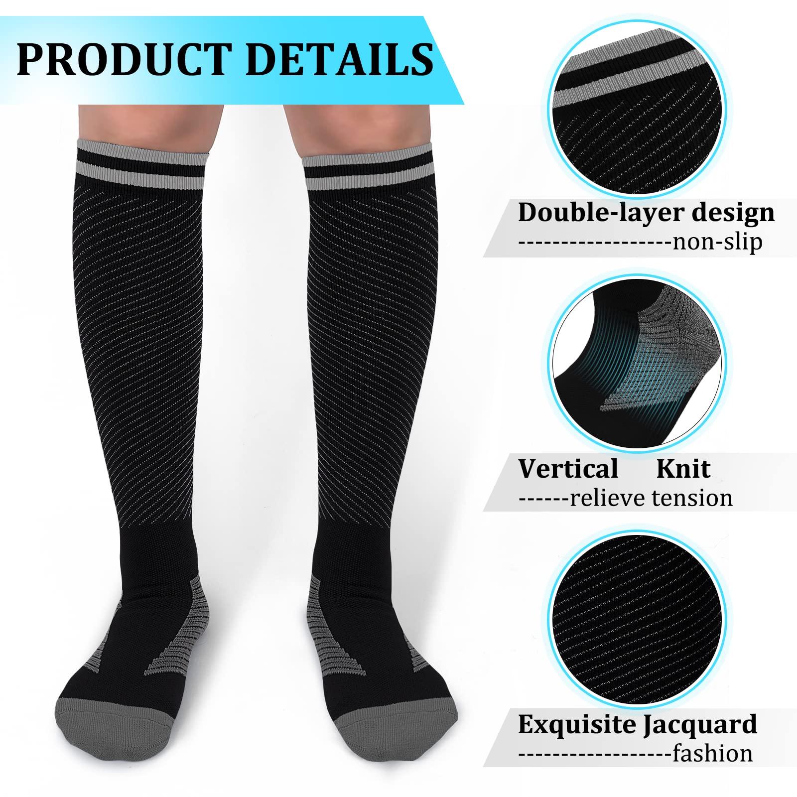 Hi Clasmix 30-40mmHg Medical Graduated Compression Socks for Women&Men Circulation-Compression Stockings-Knee High Socks for Support,Hiking,Running(2 Pack Strip Black Grey,L-XL)