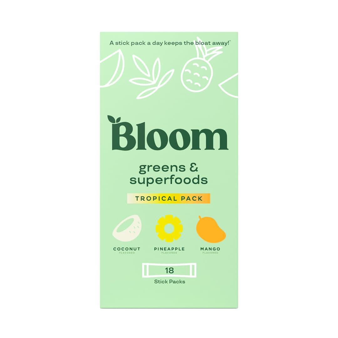 Bloom Nutrition Bloom Nutrition Superfood Greens Powder Stick Packs, Digestive Enzymes with Probiotics and Prebiotics, Gut Health, Bloating Relief for Women, Chlorella, Green Juice Mix, 18 SVG, Tropical Variety