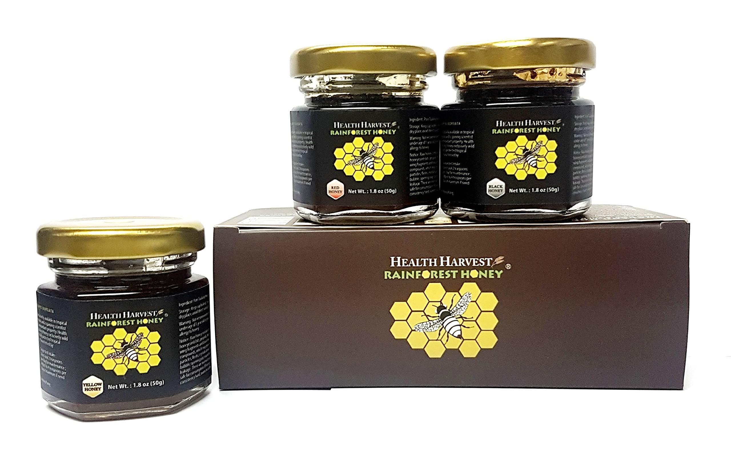 Health Harvest [GIFT CHOICE] Tualang Honey 1.8oz x 3 Jars (Black, Red & Yellow Honey) | TA 9.5+ to 11.5+ | Pollen Count 2.4 M+ to 4.0 M+ | Pollen Variety 100+ | Wild-ripening on 250ft Treetop | Raw, Unpasteurised, Unfiltered