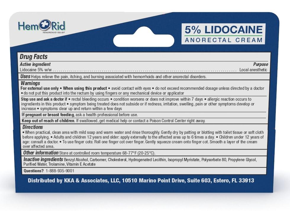 HemRid Maximum Strength Lidocaine Cream for Pain Management. Fast-Acting Hemorrhoid Solution with 5% Lidocaine. Instant Anal Itch and Numbing Effect