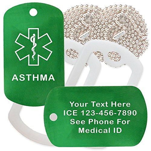 Goods For Giving Custom 2 Pack - Asthma Medical Alert ID Necklaces with Green Custom Tags, Clear Silencers, and 30'' USA Chains