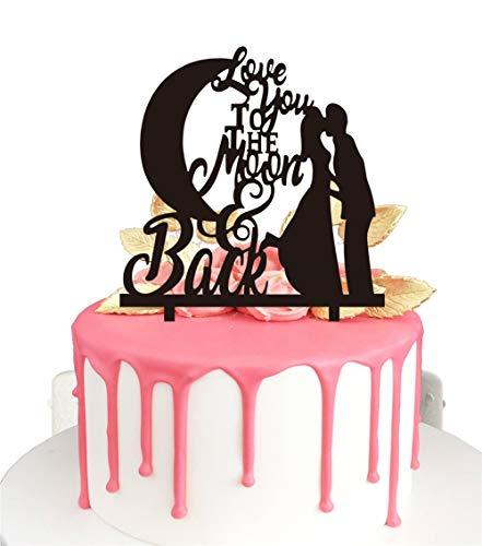 77 ponies Wedding Cake Topper- Bride and Groom & Oath I Iove You to the Moon and Back Wedding Anniverary Cake Topper(Black)