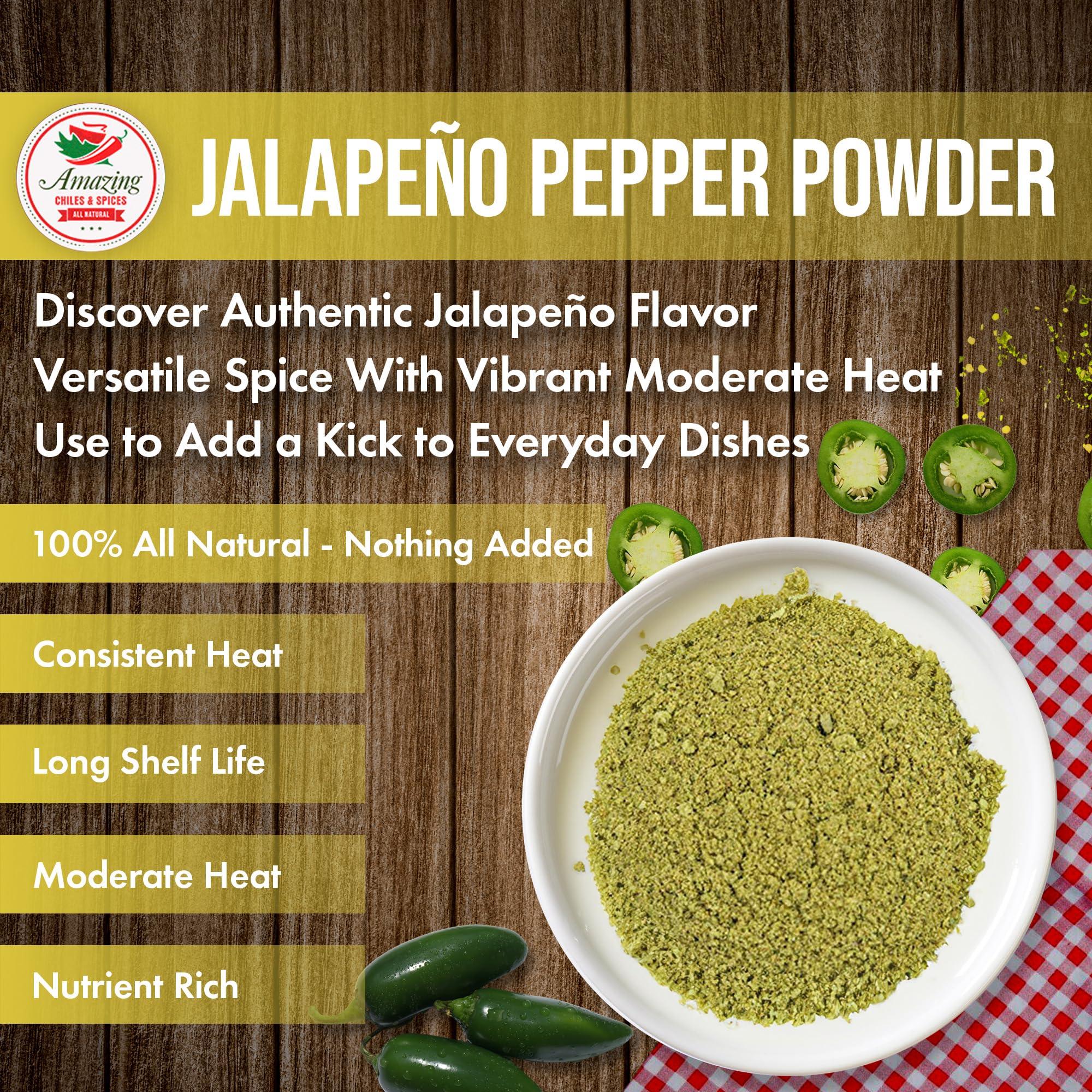 Amazing Chiles & Spices Jalapeno Powder Seasoning 8oz – Natural and Premium. Great For Chili, Salsa, Spice Blends, Stews, Tacos, Corn Bread. Medium to High Heat - fruity, spicy hot flavor. By Amazing Chiles & Spices.