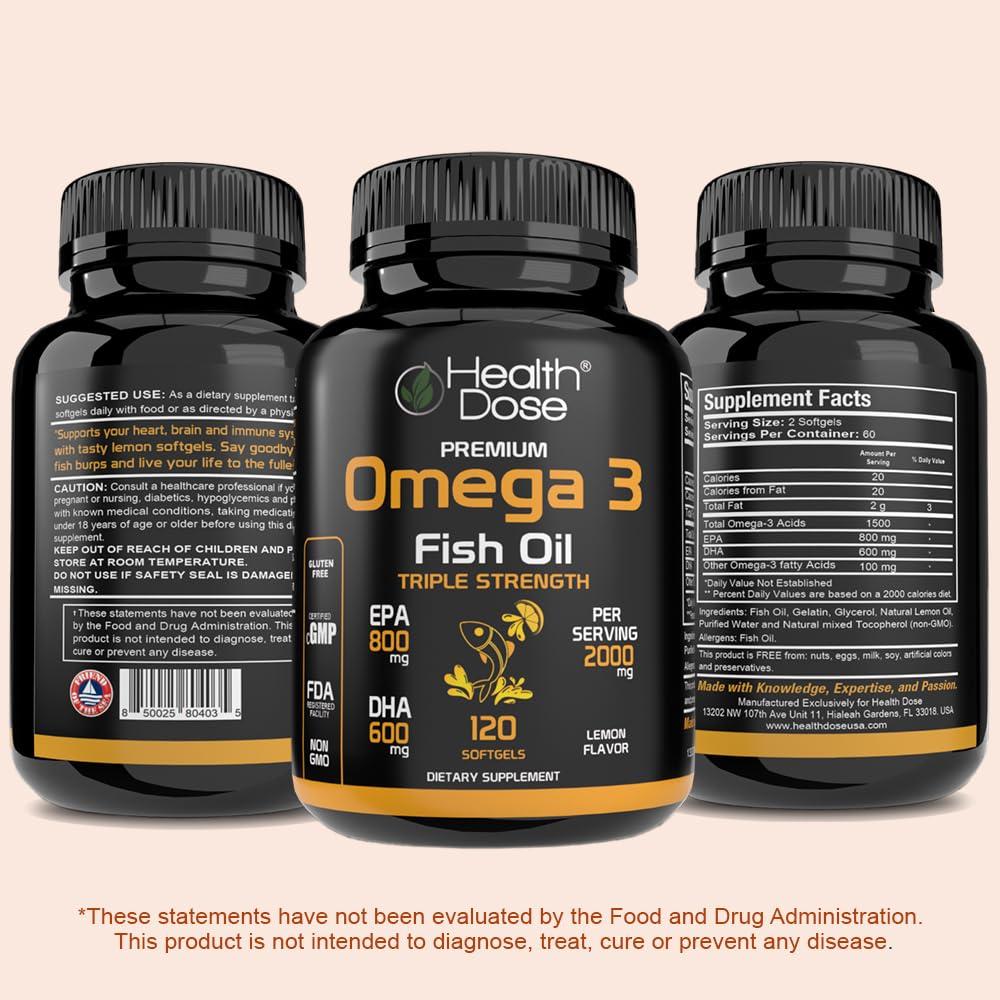Health Dose Health Dose Omega 3 Fish Oil  Lemon-Flavored Softgels with EPA & DHA for Brain, Heart, and Wellness Support  Easy-to-Digest, No Fish Burps  120 Softgels, 2-Month Supply