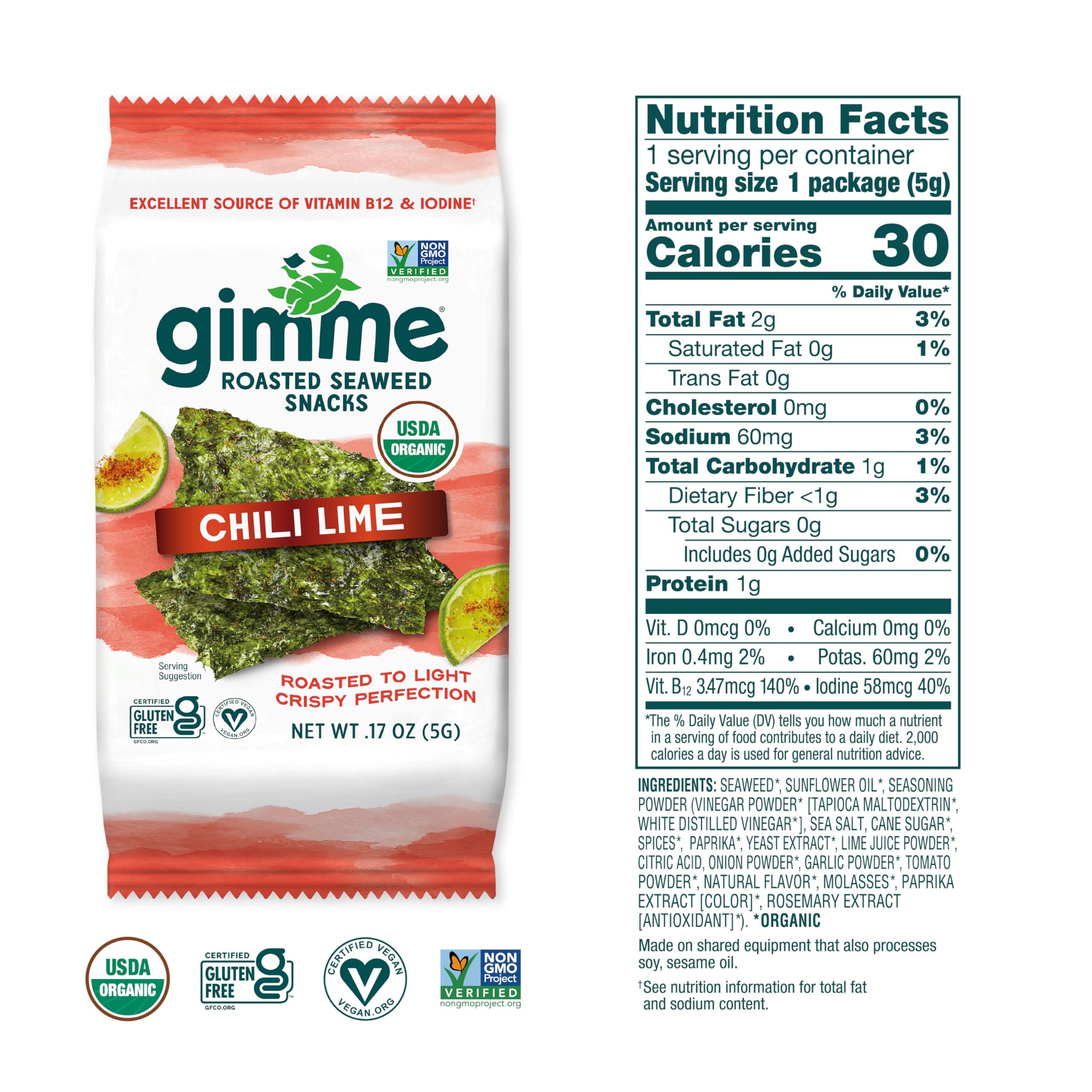 gimMe Gimme Seaweed Organic Premium Roasted Seaweed Snacks, Chili Lime, 20 Count, Keto, Vegan, Gluten-Free, Great Source of Omega3s and Iodine, Healthy On-The-Go Snack for Kids and Adults
