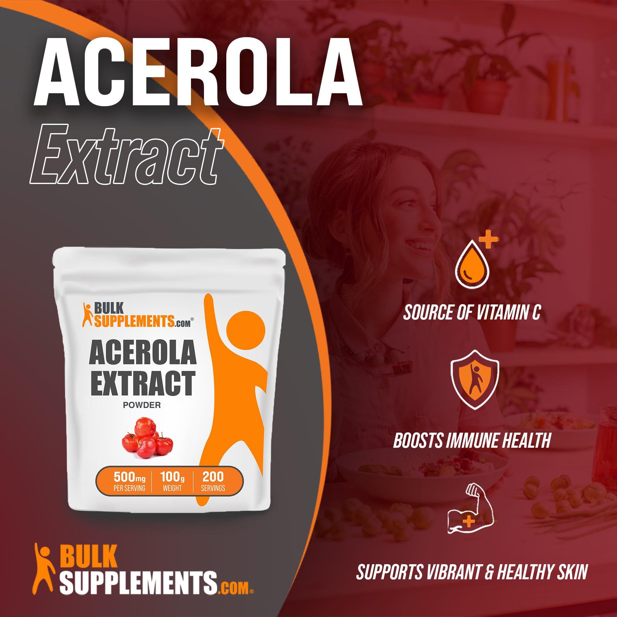 BULKSUPPLEMENTS.COM BulkSupplements.com Acerola Cherry Extract Powder - Natural Vitamin C Supplement, Acerola Cherry Powder - Vegan & Gluten Free, 500mg per Serving, 100g (3.5 oz) (Pack of 1)