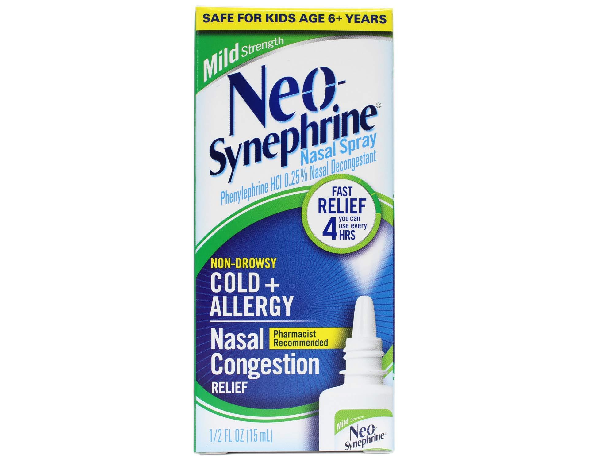 NEO-SYNEPHRINE NEO-SYNEPHRINE Mild Strength Nasal Spray, Phenylephrine HCl 0.25%, Nasal Decongestant, Fast Relief for Cold & Allergy Congestion, Non-Drowsy, Safe for Kids Ages 6+, 1/2 fl oz (Pack of 5)