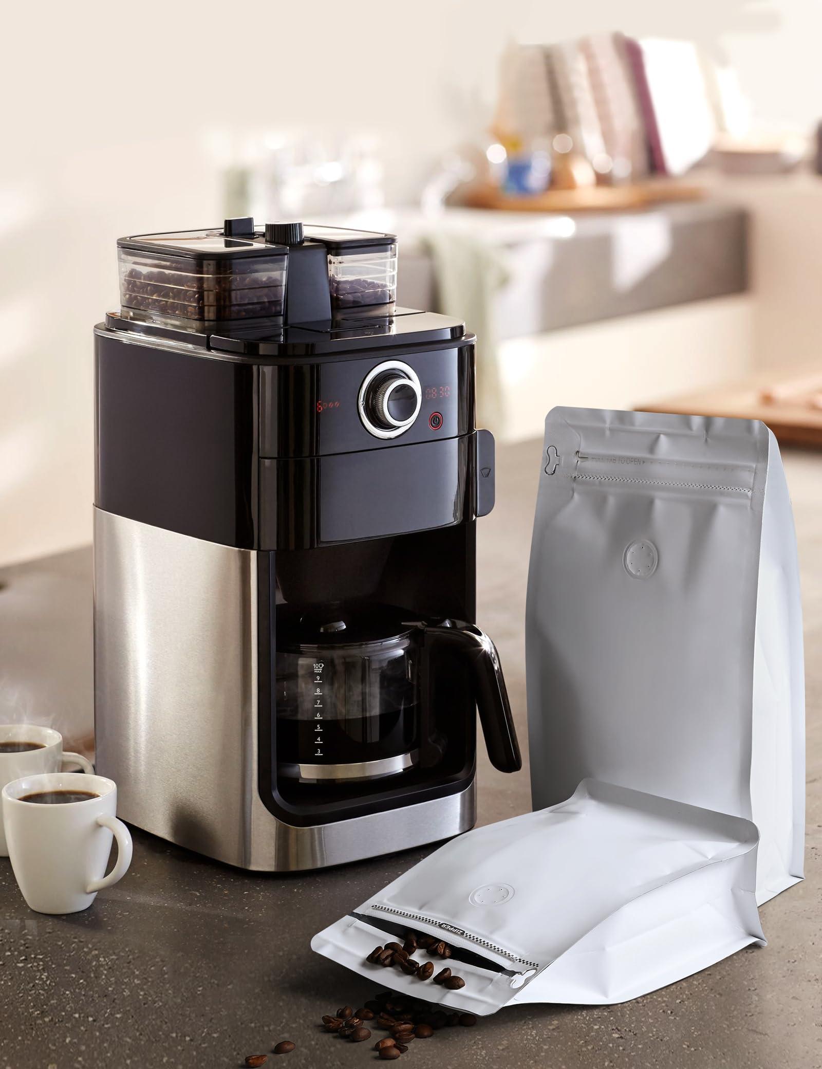 FireKylin 50 PCS Coffee Bags with Valve, (16 oz, 1 lb) Stand Up Pouches, Resealable coffee bean bags, Vented food storage bags Side Zipper(White)